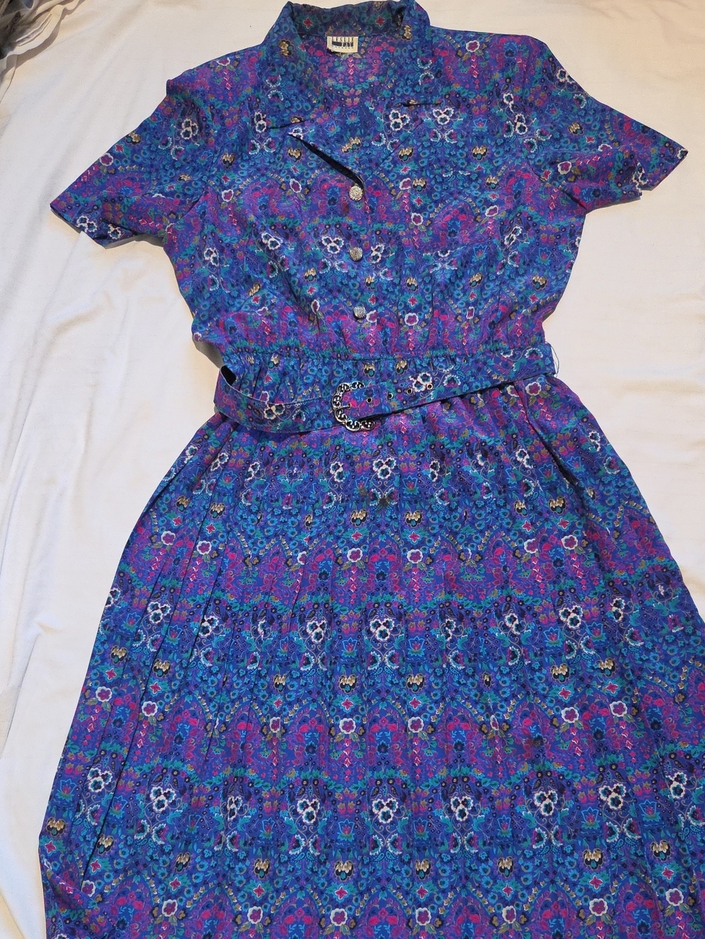 Leslie Fay Flora Pronted Belted Midi Secretary Dress Sz12 Vintage 1980's